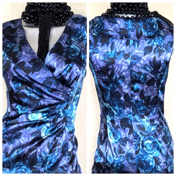 ReTro Floral Academia Vibrant Evening Cocktail Ruching Sleeveless Midi Dress - Picture 6 of 9